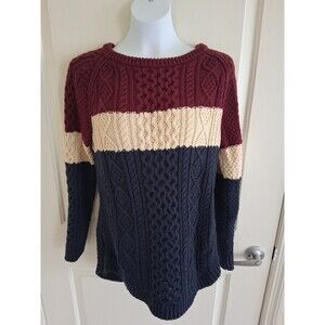 LL Bean Signature Womens Chunky Cable Knit Pullover USA Sweater Red White Blue S